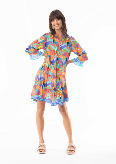 Escape by OQ Rayon frill Slv Layer Dress in BIANCA Print (#71559)