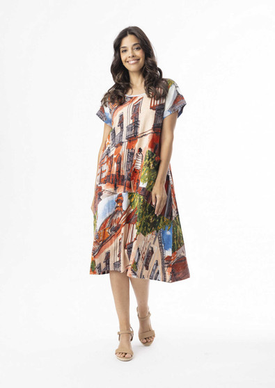 Orientique S/S Crew Neck Cotton Knit Dress in TOWER PEACH Print (#20152 TP)