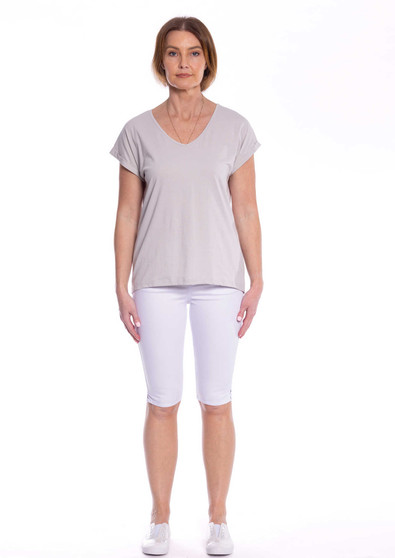 CAFE LATTE V-NECK COTTON SPANDEX TEE (#CLM476)