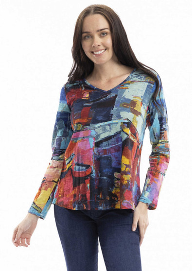 ORIENTIQUE LONG SLEEVE V-NECK PRINT TEE IN PORTO PRINT (#23142)