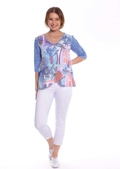 CAFE LATTE V-Neck Elbow Slv Hi-Lo Burn Out tee (#CLM506) in OCEAN