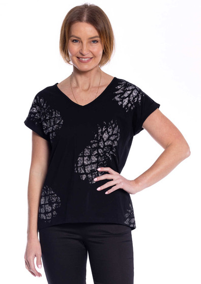 CAFE LATTE V-NECK FOIL PRINT TOP (#CLM507)