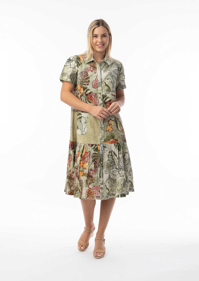 Orientique Collared Patchwork Midi Dress in LIMA OLIVE Print (#20107)