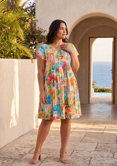 Orientique EZY Fit Cotton Dress in 50Yrs travel Print (#21876)
