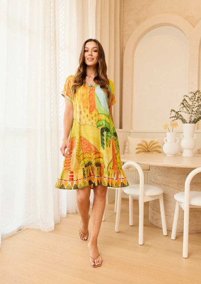 Escape by OQ Rayon frill hem Shift dress in MARIA Print (#91333)