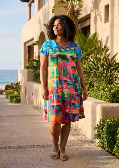 ORIENTIQUE  COTTON KNIT CAP SLEEVE DRESS IN FRENCH RESTAURANT PRINT   (#21881)