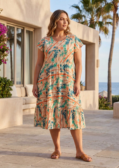 Orientique bias Layer dress with Front pockets in GARNIERS Print (#21847)