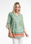 ORIENTIQUE 3/4 Sleeve Cotton pleat top in Chania print (#82169)