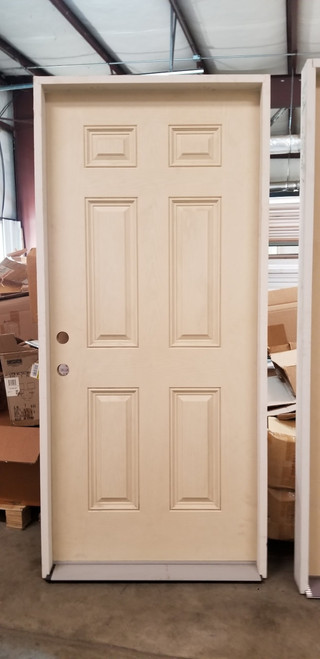 36 x 80 6-Panel Prehung 4 9/16s in. Primed Poplar Jambs, Right-Hand Inswing Textured Fiberglass Matching Oil Rubbed Bronze Hinges & Threshold Front Exterior Door