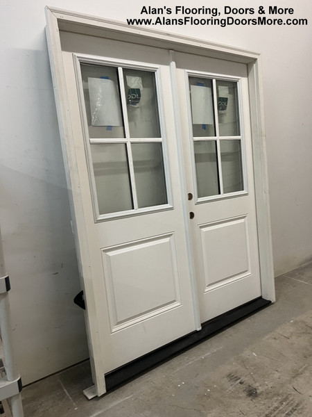 64 in. x 80 in. Smooth Fiberglass Primed Right-Hand Inswing 1/2 Glass 4 LIte View Prehung Double French Entry Door, Both Doors Open Interior