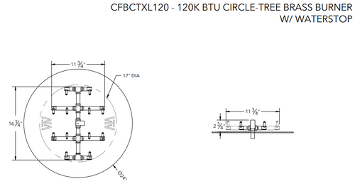 CFBCTXL120 Circle Tree-Style Brass Burner – 120K BTU Outdoor Gas Burner with WATERSTOP® for 24"+ Openings