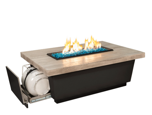 Contempo LP Select Reclaimed Wood Selection Fire Table - 52" x 36" GFRC Outdoor Propane Fire Pit, Low-Profile Coffee Height, 24" Stainless Linear Burner (LP Only, Manual Flame Sensing, Hidden Horizontal Tank Drawer)