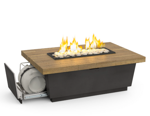 Contempo LP Select Reclaimed Wood Selection Fire Table - 52" x 36" GFRC Outdoor Propane Fire Pit, Low-Profile Coffee Height, 24" Stainless Linear Burner (LP Only, Manual Flame Sensing, Hidden Horizontal Tank Drawer)