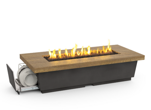 Long Contempo LP Select Reclaimed Wood Selection Fire Table - 76" x 36" GFRC Outdoor Propane Fire Pit, Low-Profile Coffee Height, 48" Stainless Linear Burner (LP Only, Manual Flame Sensing, Hidden Horizontal Tank Drawer)