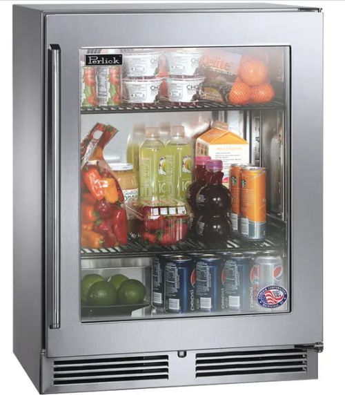Perlick 18" Deep Signature Series Sottile Outdoor Refrigerator - Wood Overlay Glass Door - Left Hinge - HH24RO-4-4L 