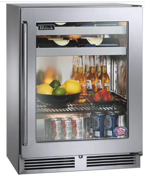 Perlick 18" Deep Signature Series Sottile Outdoor Beverage Center - Wood Overlay Glass Door - Left Hinge - HH24BO-4-4L