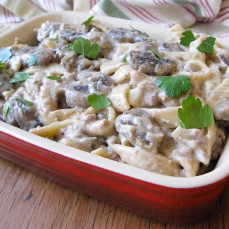 Beefy Noodle Stroganoff in a Casserole Dish
