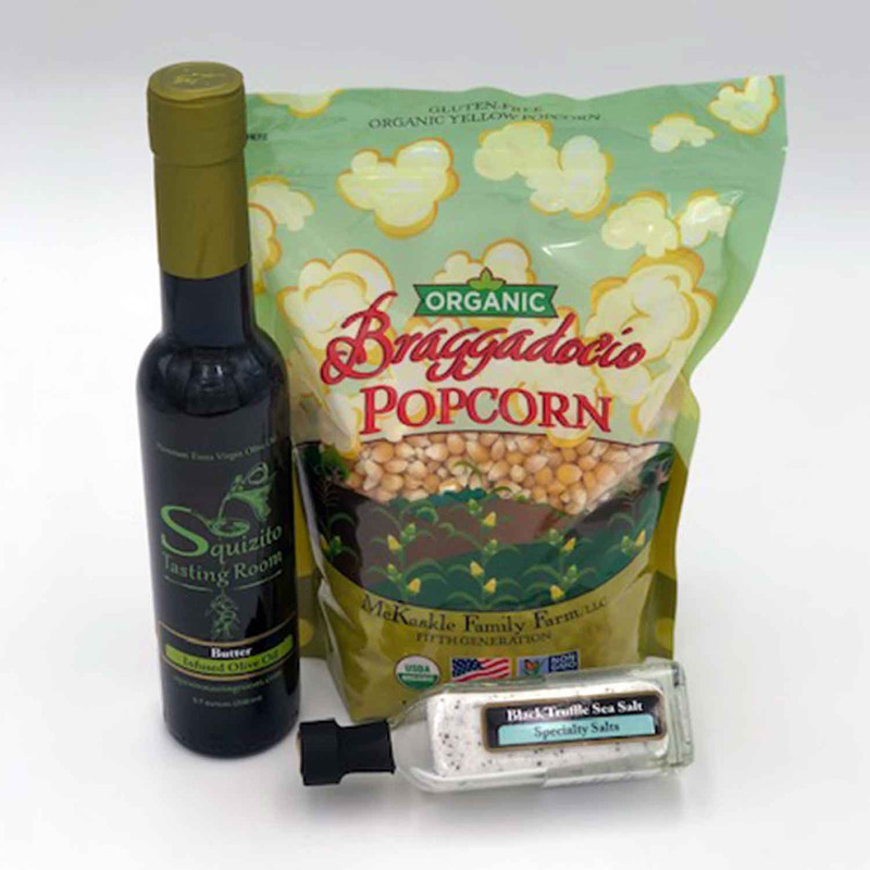 Netflix and chill with Braggadocio popcorn, Squizito Tasting Room Infused Butter Olive Oil, Black Truffle Sea salt and the Misto Gourmet Olive Oil Sprayer