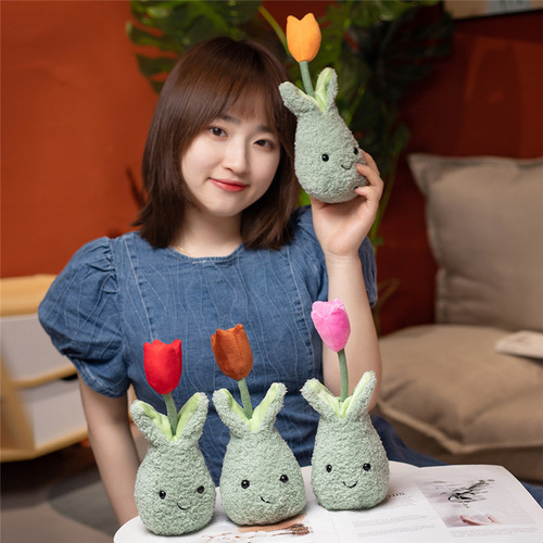 Orange Flower Pot Stuffed Throw Plushie Pillow Doll Tulip Plush Toy for Present