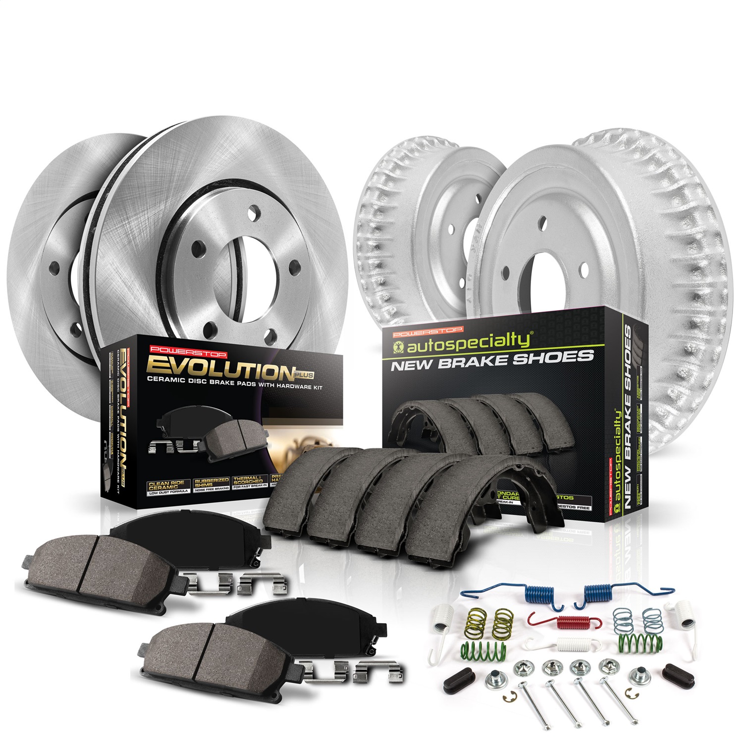 PowerStop KOE15508DK - PowerStop-Front and Rear OE Stock Replacement Low-Dust Ceramic Brake Pad; Rotors; Drum+Shoe Kit