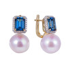 18K Yellow Gold Octagon Cut London Blue Topaz & Pearl with 1/3 ct.tw. Diamond Earrings