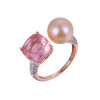 18K Rose Gold Cushion Cut Rose Quartz and Pearl with 1/4 ct.tw. Diamond Ring