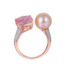 18K Rose Gold Cushion Cut Rose Quartz and Pearl with 1/4 ct.tw. Diamond Ring