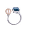 18K White Gold Cushion Cut London Blue Topaz and Pearl with 1/5 ct.tw. Diamond Ring