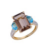 18K Yellow Gold Octagon Cut Smoky Quartz and Swiss Blue Topaz Accent with 1/4 ct.tw. Diamond Ring