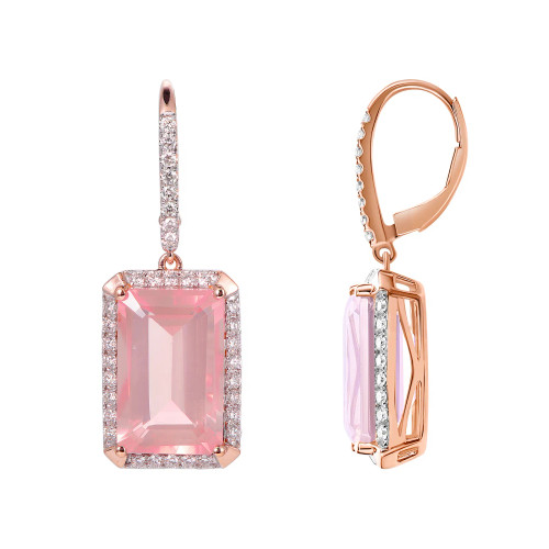 Rose Quartz Octagon Cut Earrings with Diamonds(0.69 ct.tw)