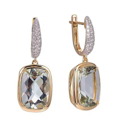 Green Amethyst Cushion Cut Earrings with Diamonds(0.33 ct.tw)