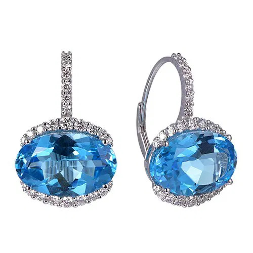 Swiss Blue Topaz Oval Cut Earrings with Diamonds(0.03 ct.tw)