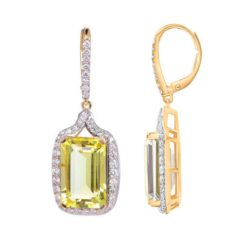 Lemon Quartz Octagon Cut Earrings with Diamonds(0.10 ct.tw)