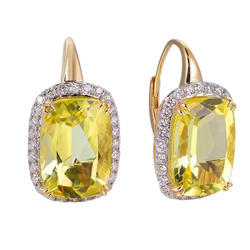 Lemon Quartz Cushion Cut Earrings with Diamonds(0.60 ct.tw)