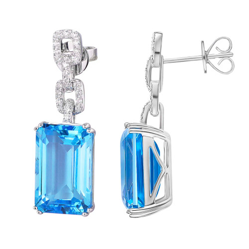 Swiss Blue Topaz Octagon Cut Earrings with Diamonds(0.27 ct.tw)