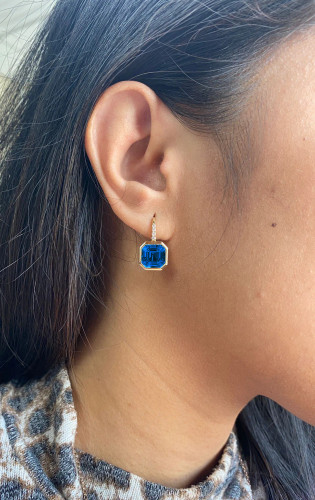 London Blue Topaz Asscher Cut Earrings with Diamonds (0.10 ct.tw.)