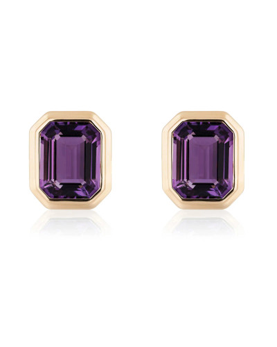 Amethyst Emerald Cut Bezel Set Stud Earrings