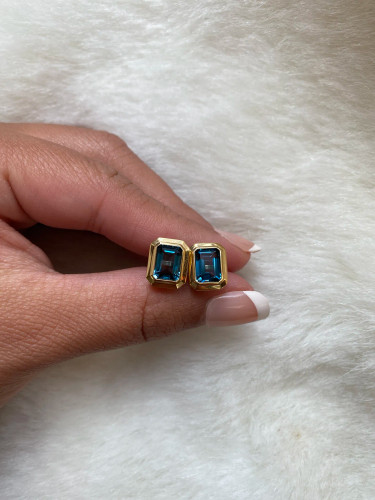 London Blue Topaz Emerald Cut Bezel Set Stud Earrings