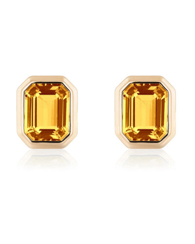 Citrine Emerald Cut Bezel Set Stud Earrings