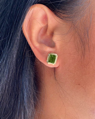 Peridot Emerald Cut Bezel Set Stud Earrings