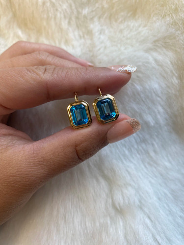 Blue Topaz Emerald Cut Bezel Set Earrings