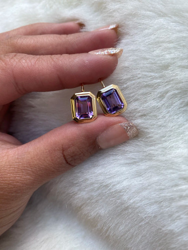 Amethyst Emerald Cut Bezel Set Earrings