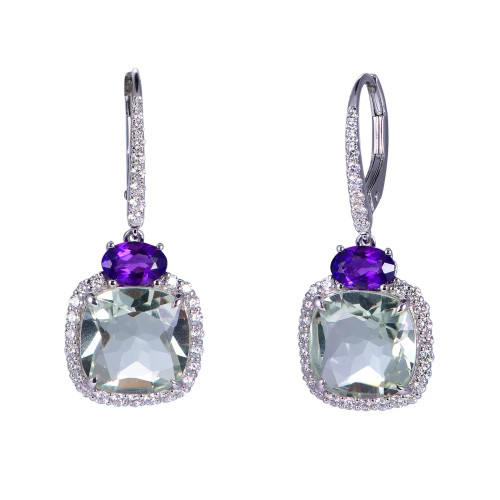 18K White Gold Cushion Cut Green Amethyst with 5/8 ct.tw. Diamond Earrings