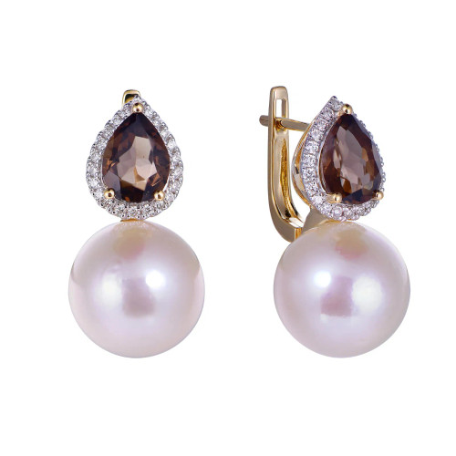 18K Yellow Gold Pear Cut Smoky Quartz & Pearl with 1/4 ct.tw. Diamond Earrings