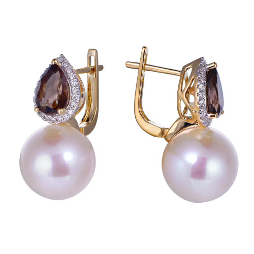 18K Yellow Gold Pear Cut Smoky Quartz & Pearl with 1/4 ct.tw. Diamond Earrings