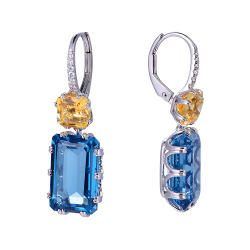 18K White Gold Octagon Cut London Blue Topaz & Citrine Accent with 1/15 ct.tw. Diamond Earrings