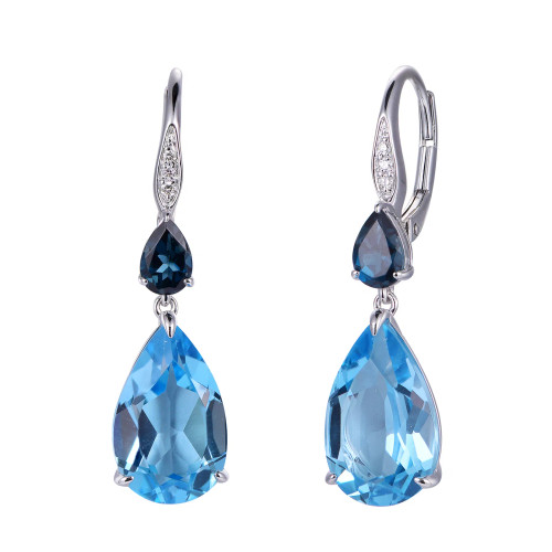 18K White Gold Pear Cut Swiss & London Blue Topaz with 1/20 ct.tw. Diamond Earrings
