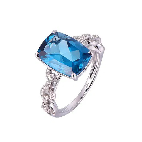 London Blue Topaz Cushion Cut Ring with Diamonds(0.23 ct.tw)
