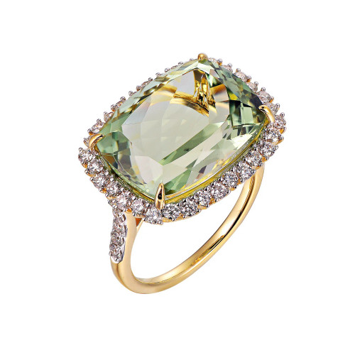 Green Amethyst Cushion Cut Ring with Diamonds(0.83 ct.tw)