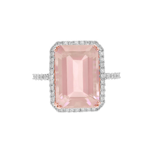Rose Quartz Octagon Cut Ring with Diamonds(0.28 ct.tw)